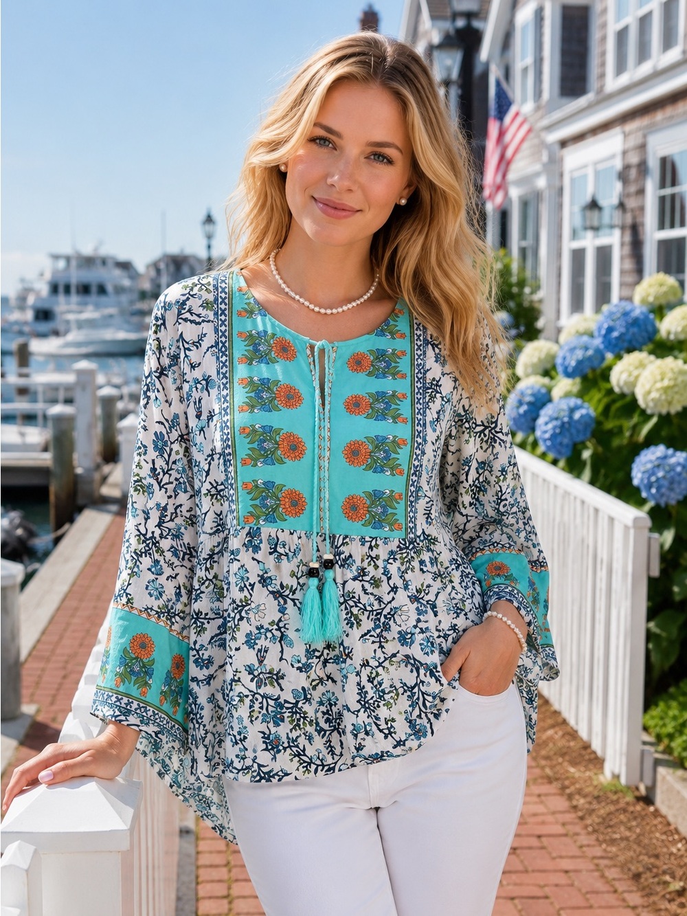 VIVILLI Boho Tie Front 3/4 Sleeve Resortwear Relaxed Fit Blue/White Blouse, XL
